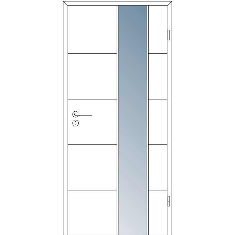 fronttür, schiebespiegelglas, türgriff, vertikales glasband, weiße tür