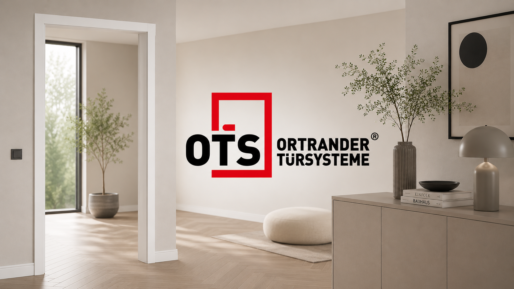 logo, orange-red frame, black text, interior, decor