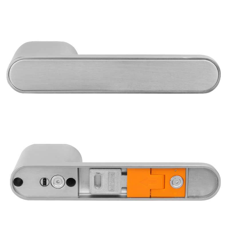Schiebetürgriff, Metallgriff, Türbeschlag, gebürsteter Stahl, oranges Riegel
