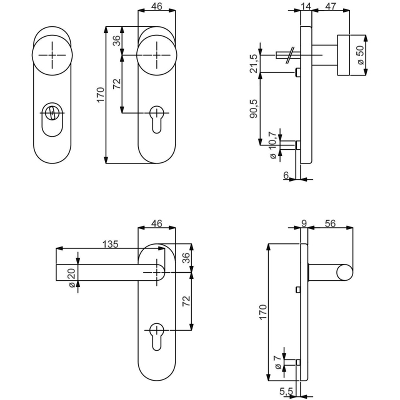 Sicura Ronny-KS - Aluminium F1 - Drücker/Drücker - Schutzbeschlag für Wohnungstüren