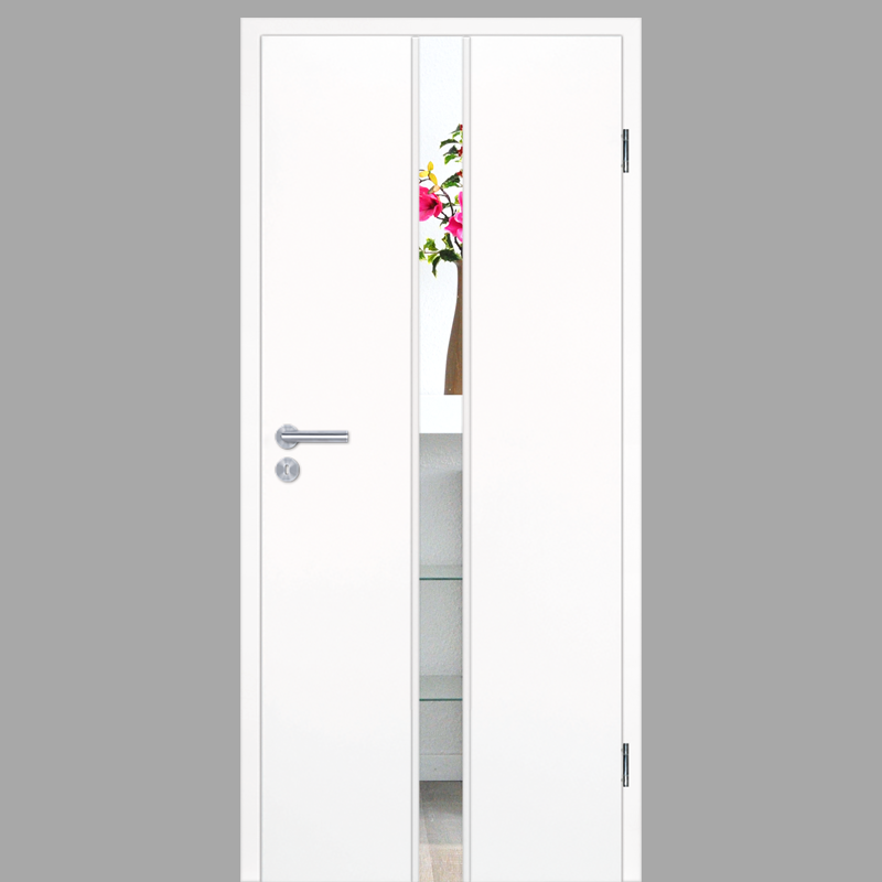 weiß, zwei-tlüren tür, edelstahl griffe, glasfenster, blumen vase