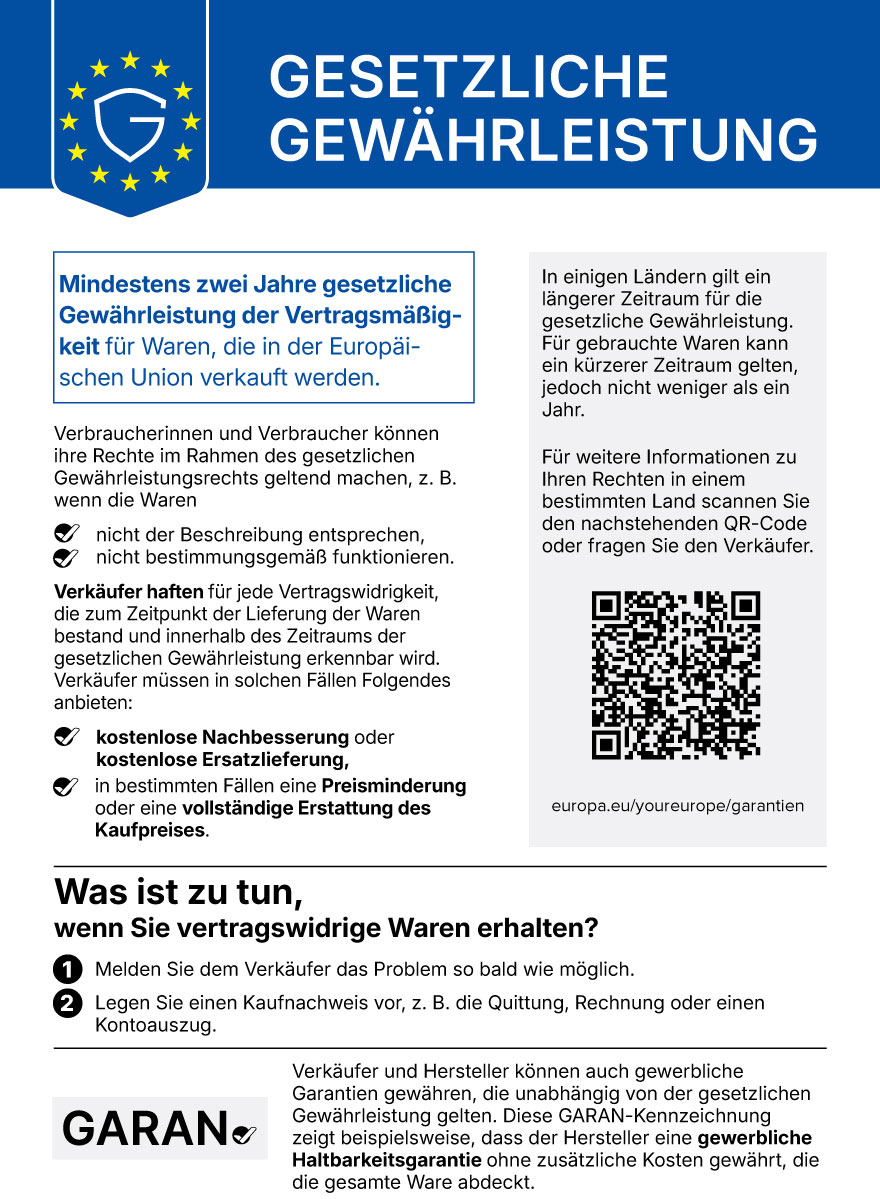 EU Gesetzliche Gewährleistung Label – Mindestens 2 Jahre Gewährleistung für Waren in der EU