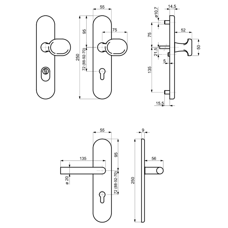Sicura Ronny-LS/LS - Aluminium F1 - Griffplatte/Drücker - Schutzbeschlag für Wohnungstüren