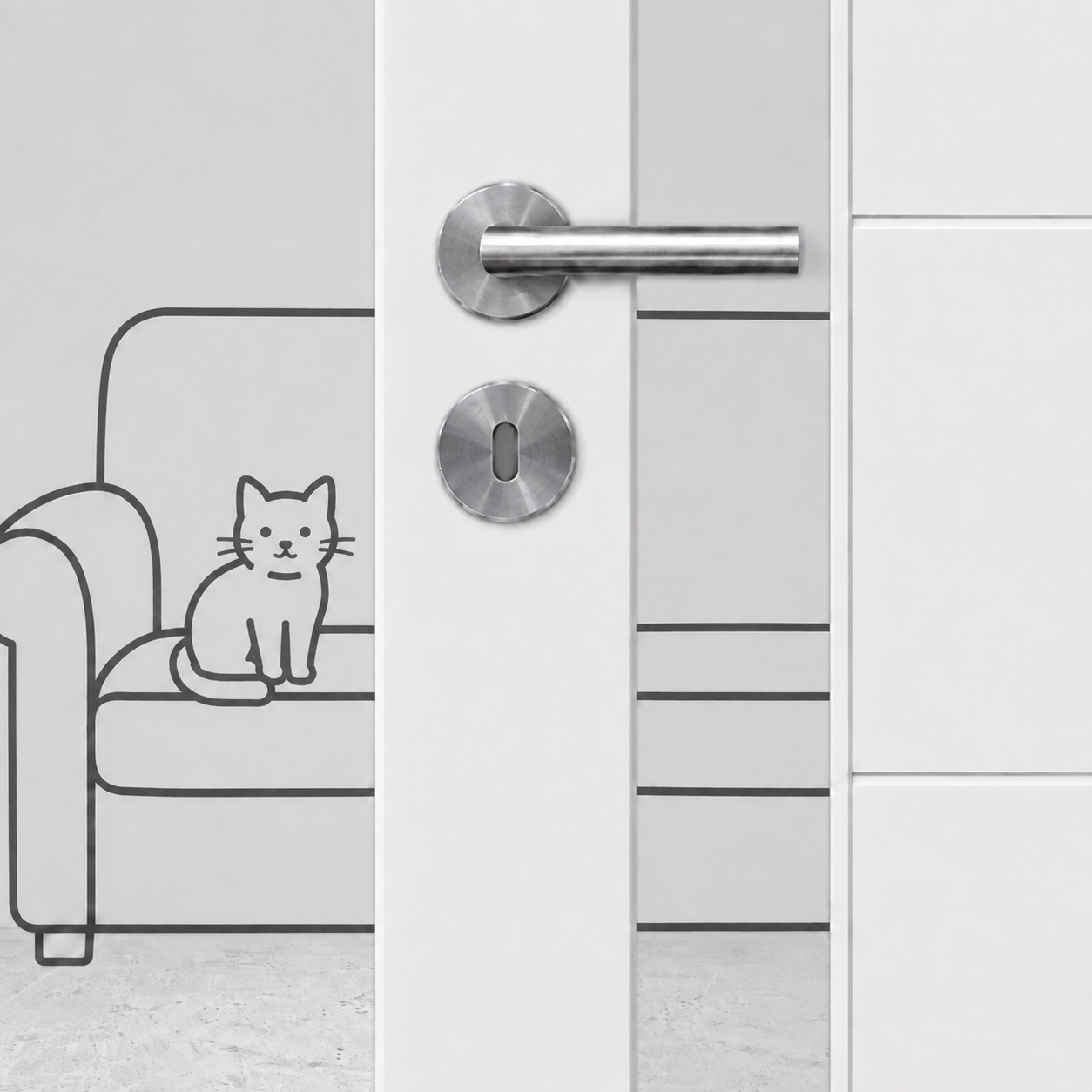 Sofa, Katze Illustration, Tür, Wohnaccessoire, Minimalistisch, Kühlschranktür, Schloss, Türgriff, Wohnungseinrichtung, Katzenillustration