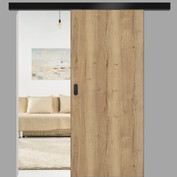 Risseiche Schiebetür vor der Wand - fühlbare CPL Oberfläche - Maserung aufrecht Risseiche Schiebetür vor der Wand - fühlbare CPL Oberfläche - Maserung aufrecht